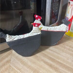 Handmade Polka Dot Chicken Pot Holders - Black & White with Red Accents